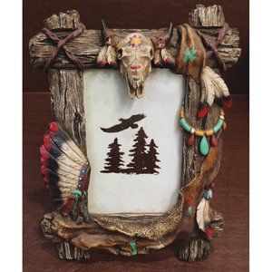 Rustic Native American Motif Resin Picture Frame Chief Cow Head Hide 7x9" Decor